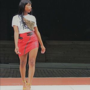 Faux leather red asymmetrical skirt